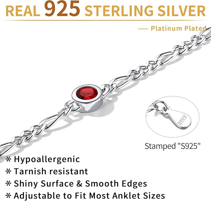 ChicSilver Sterling Silver Anklets Bracelets for Women, Figaro Chain Heart/Round Birthstone Anklet for Women Waterproof, Dainty Herringbone Ankle Bracelet Summer Beach jewelry
