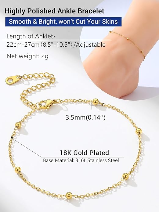 PROSTEEL Stainless Steel Chain Anklets for Women, Silver/Gold Tone, Ankle Bracelets Hypoallergenic, 8-10.5 Inch Adjustable, Come with Box