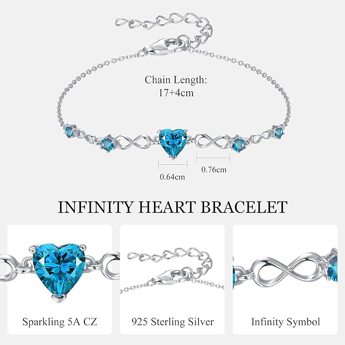 G&GEMSJEW Infinity Heart Birthstone Bracelets for Women, 925 Sterling Silver Women Charm Link Bracelet Adjustable, Birthday Anniversary Christmas Jewelry Gifts for Women Wife Mom Girlfriend Her