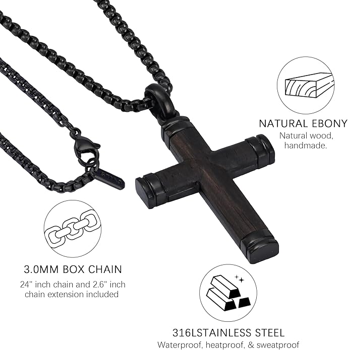 GTMJ Cross Necklace for Men -Stainless Steel & Wood Adjustable Box Chain 24-26in, Spiritual Jewelry Gift for Him, Everyday Wear