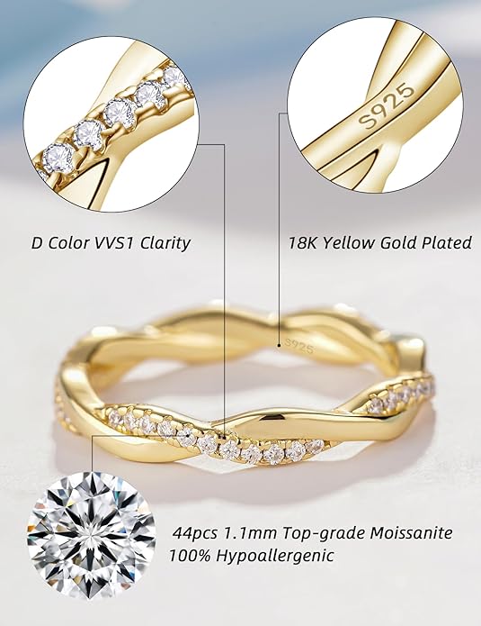 IMOLOVE Moissanite Wedding Band Wedding Rings for Women Twisted Rings 925 Sterling Silver Rings with 18K White Gold Plated Eternity Stackable Engagement Ring Anniversary Band Size 4-11