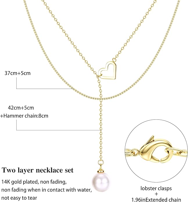Dochais Dainty Gold Layered Necklace for Women, 14K Gold Plated Y Necklace & Chain, Dainty Lariat Long Necklaces, Trendy Cubic Zirconia Choker, Sun, Heart, Pearl & Cross Pendant Necklace, Jewelry Gift