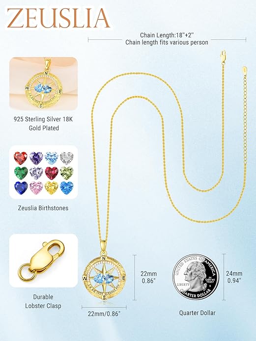 Zeuslia Double Birthstone Necklace Gifts for Wife - 925 Sterling Silver Sunflower/Rose/Crown Cross/Compass/Heart Pendant I Love You Necklace, Anniversary Birthday Gifts for Wife Girlfriend Mom Her