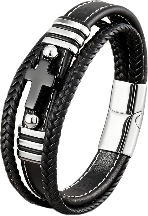 Cross Leather Bracelet For Men Multilayer Braided Memorial Wristband Bangle Stainless Steel Buckle Religious Activities Holiday Gifts