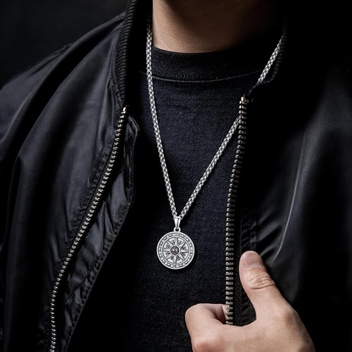 KINGWHYTE Compass Necklace for Men 925 Sterling Silver Birthday Gifts Graduation Travel Jewelry for Husband Brother with Stainless Steel Chain