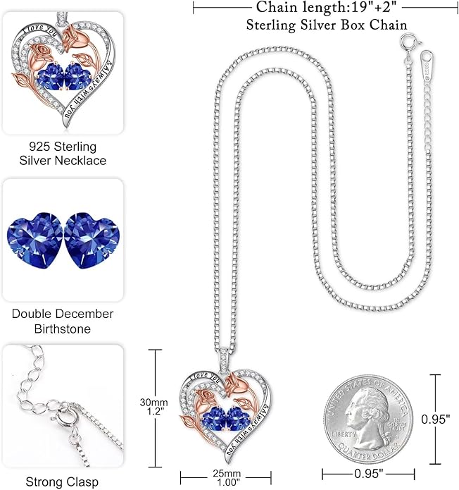 Iefil Birthstone Necklace for Women - 925 Sterling Silver Rose Heart Birthstone Necklace Birthday Anniversary Jewelry Gifts for Her Wife Mom Daughter