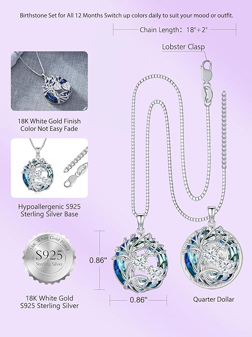 TOUPOP s925 Sterling Silver Family Celtic Tree of Life Pendant Necklaces with 2 Heart Birthstone with Blue Austrian Crystal Jewelry Birthday Anniversary Christmas Gifts for Her Wife Girlfriend Mom (18K Real White Gold Filled)