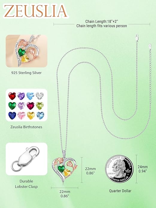 Zeuslia Double Birthstone Necklace Gifts for Wife - 925 Sterling Silver Sunflower/Rose/Crown Cross/Compass/Heart Pendant I Love You Necklace, Anniversary Birthday Gifts for Wife Girlfriend Mom Her
