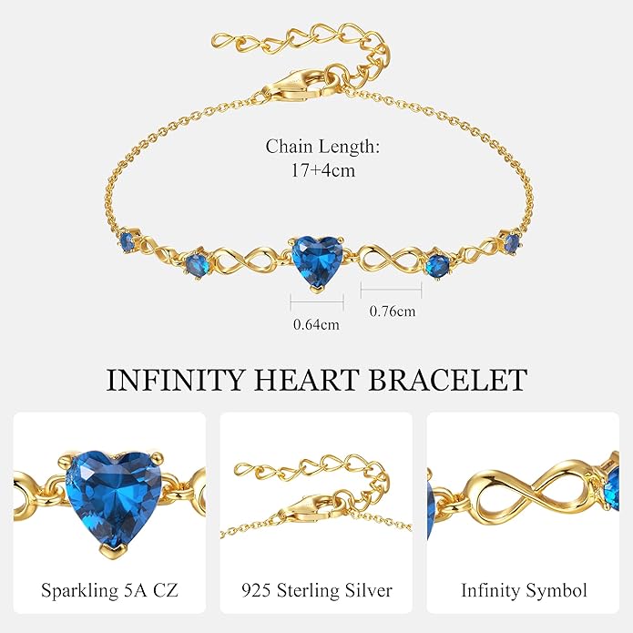 G&GEMSJEW Infinity Heart Birthstone Bracelets for Women, 925 Sterling Silver Women Charm Link Bracelet Adjustable, Birthday Anniversary Christmas Jewelry Gifts for Women Wife Mom Girlfriend Her