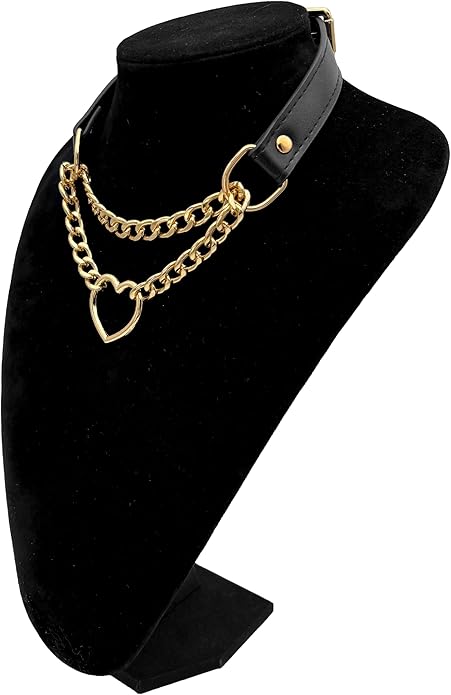 Black Leather Choker Collar For Women, Handmade Heart Slip Chain Choker Long Necklace with Adjustable Buckle