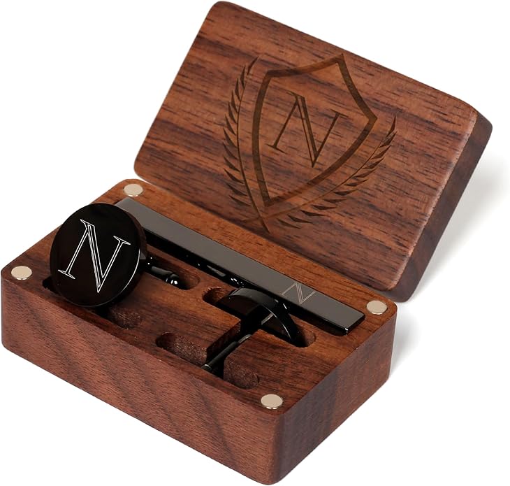 Mens Initial Cufflinks and Tie Clip A-Z Alphabet Letter Black Stainless Cuff Links Tie Bar with Engraved Walnut Wood Box Groom Groomsman Wedding Set