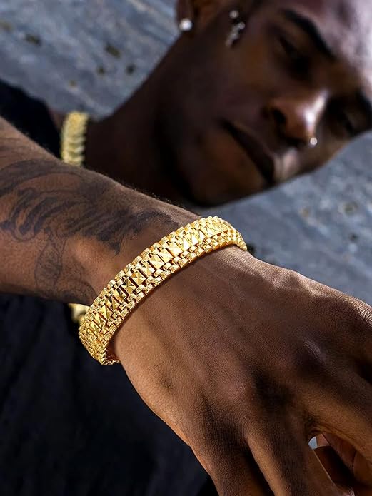 U7 Link Bracelets for Men, Cuban Link/Rope/Watch Band Solid Bracelet, Silver Black Gold Color Wrist Bracelet 3/6/9/12/15mm Width, 6.5/7.5/8.3 Inch Length, Hand Chain Jewelry for Mens Women