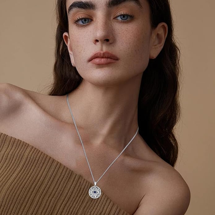 Evil Eye Necklace for Women 925 Sterling Silver, Protection Necklace with Blue Evil Eye Charm, Evil Eye/Lotus Pendant Jewelry, Birthday Christmas Gifts for Her
