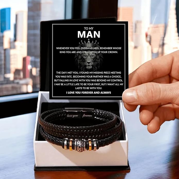 Mapileng To My Man – Braided Leather & Stainless Steel Bracelet with Heartfelt ‘Love You Forever’ - Elegant Gift Box Included, Gift from Girlfriend or Wife for Husband, Boyfriend, or Brother