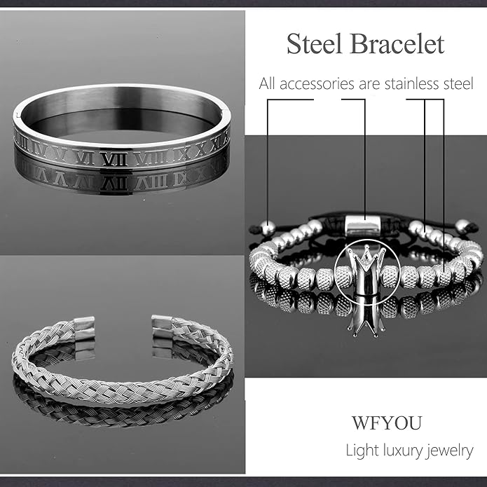 WFYOU 3PCS Stainless Steel Bracelets for Men Gold Roman Numeral Bangle Bracelet Twisted Cable Bracelet Adjustable Cuff Bracelet Mens Luxury Jewelry Bracelets Gifts