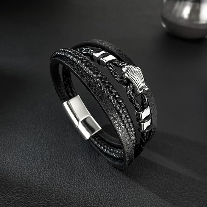 Italian Handmade Genuine Leather Bracelets for Men Stainless Steel Clip, Men's Casual Genuine Multi-layer Cuff Bracelet, Bracelet Gift for Real Men