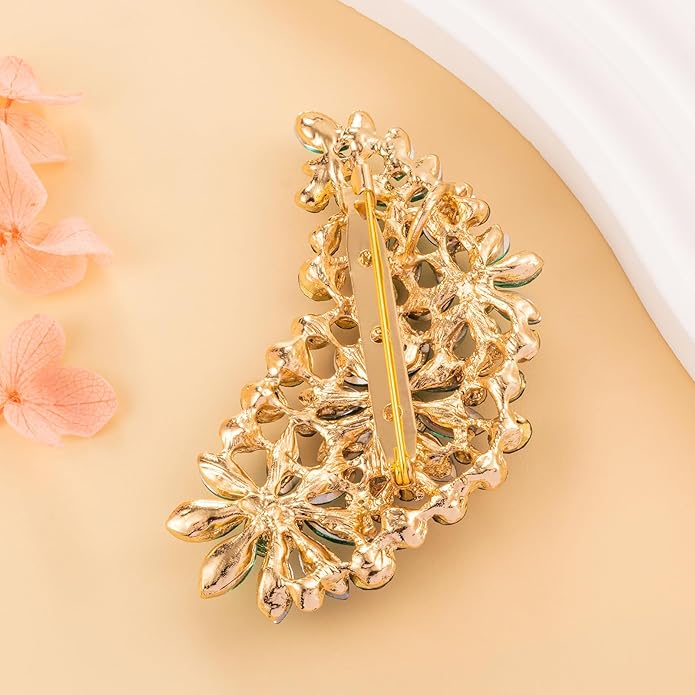 LAXPICOL Vintage Austrian Crystal Flower Leaf Bouquet Clusters Large Big Brooch Pin for Women Gold Tone