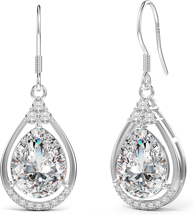 18K White Gold Plated Sterling Silver Teardrop Cubic Zirconia Drop Dangle Earrings for Women Pear Cut CZ Diamond Dangle Earrings Hypoallergenic Jewelry