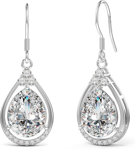 18K White Gold Plated Sterling Silver Teardrop Cubic Zirconia Drop Dangle Earrings for Women Pear Cut CZ Diamond Dangle Earrings Hypoallergenic Jewelry