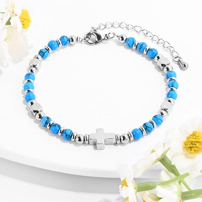 VIBILIA Cross Beaded Bracelets for Women, Inspirational Natural Heart Religious Bracelets for Women, Birthday Christian Gifts for Women on Thanksgiving Christmas Gifts