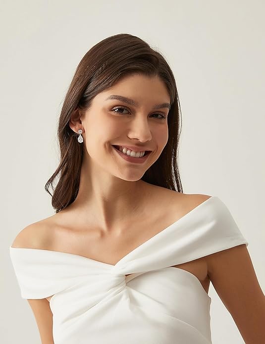 EAMTI Teardrop Wedding Earrings for Women Cubic Zirconia Dangle Bridal Earrings 925 Sterling Silver Post Pear Cut Earring for Prom Bridesmaid