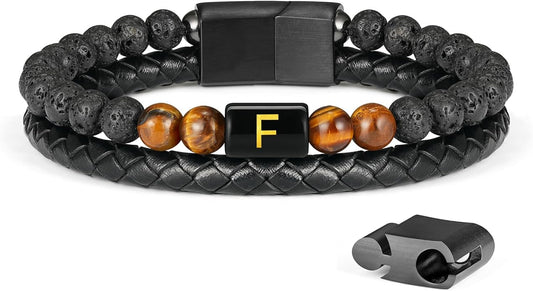 LUXEJEW Gifts for Men - Mens Bracelet, Beaded Leather Initial Bracelet 6mm Matte Agate Stone Handmade Bracelets Adjustable Stainless Steel Magnetic Clasp Mens Jewelry Gifts