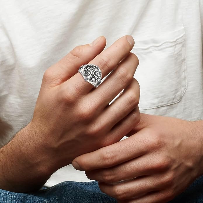EUDORA S925 Sterling Silver St Benedict Ring San Benito Rings for Women Men, Vintage Ankh Cross Ring Saint Benedict Amulet Adjustable Rings Gifts for Women Mens Father Mother