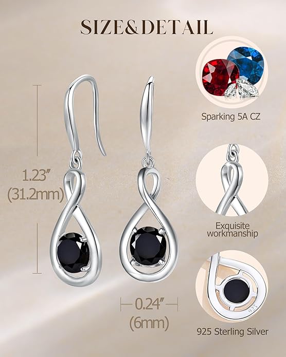 FANCIME Dangle Drop Earrings 925 Sterling Silver Dainty Infinity Round Gemstone Birthstone Jewelry Birthday Gifts for Her Women