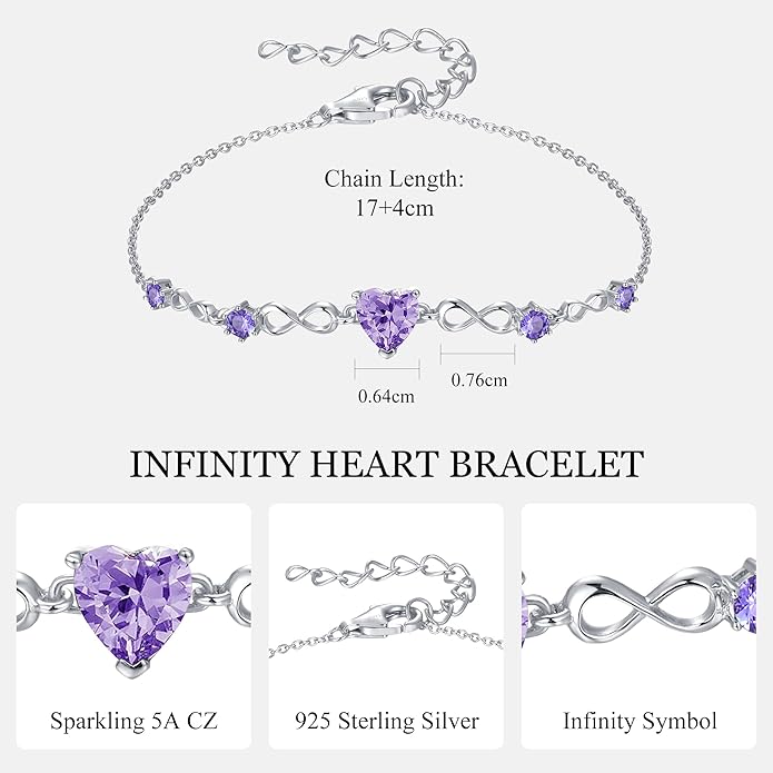 G&GEMSJEW Infinity Heart Birthstone Bracelets for Women, 925 Sterling Silver Women Charm Link Bracelet Adjustable, Birthday Anniversary Christmas Jewelry Gifts for Women Wife Mom Girlfriend Her