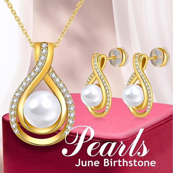 Infinity White Black Pearl Necklace and Earrings Set for Women Gifts for Mom Birthday Mothers Day AAA+ Handpicked Pearl 14K Gold/White Gold Plated Adjustable Jewelry