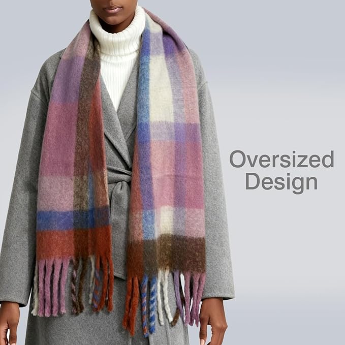 SHOHOKU Large Chunky Plaid Scarf Coloured Checked Oversized Scarf Tassel Soft Fall Winter Thick Warm Shawl Women