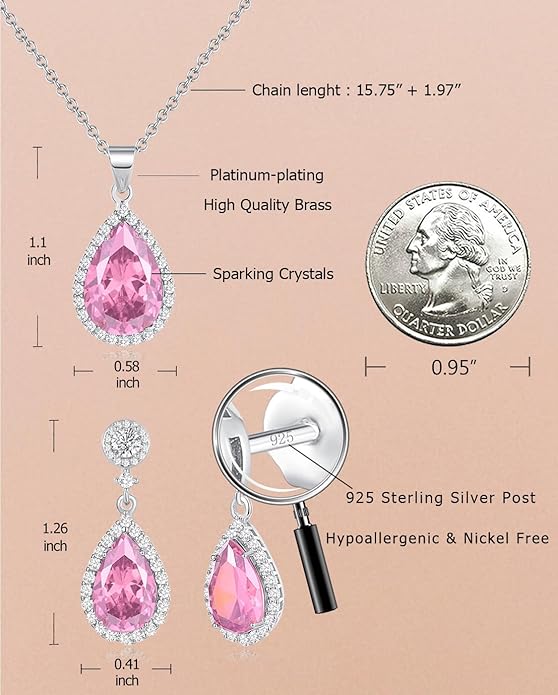 REASAYLL Jewelry Sets For Women 925 Sterling Silver Post Teardrop Dangle Stud Earrings Necklace Set Crystal Rhinestone Wedding Prom Costume Jewelry for Women