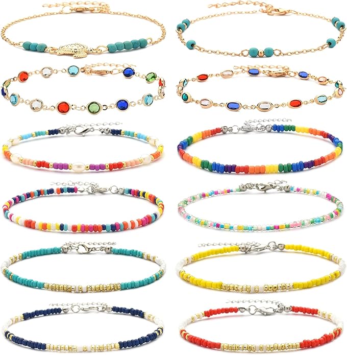 XIJIN 8Pcs Handmade Beaded Anklets for Women Boho Colorful Beads Ankle Bracelets Adjustable Foot Anklet Set