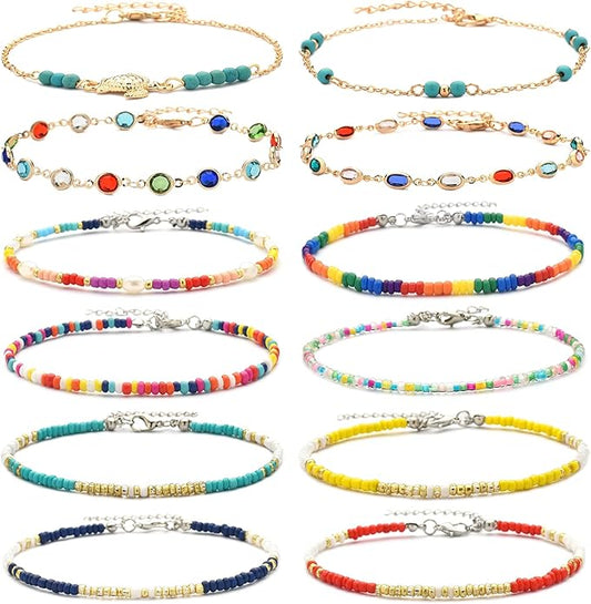 XIJIN 8Pcs Handmade Beaded Anklets for Women Boho Colorful Beads Ankle Bracelets Adjustable Foot Anklet Set