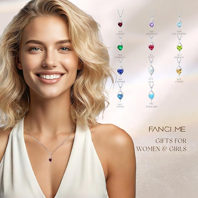 FANCIME 14K Solid White Gold Birthstone Necklace Genuine or Created 6mm Heart Gemstone Pendant with Lab Grow Diamonds Sterling Silver Chain Fine Jewelry Anniversary Birthday Gifts for Women 16" + 2"
