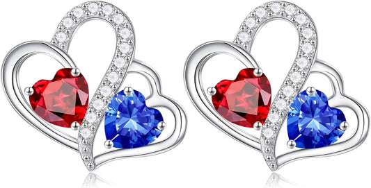 Iefil Valentines Day Gifts for Her - Birthstone Earrings Gift for Women, 925 Sterling Silver Double Heart Birthstone Earrings | Anniversary Birthday Gifts for Women, Personalized Jewelry for Wife Mom