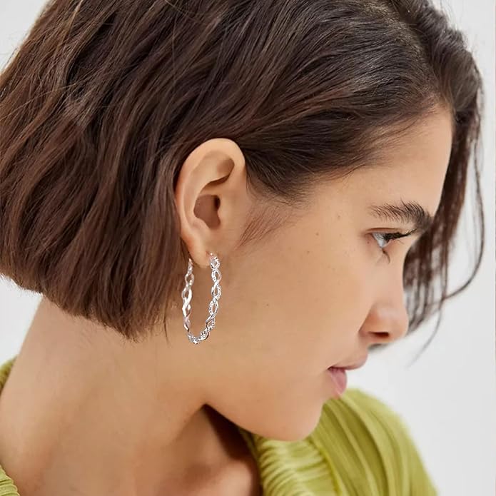 Senteria 925 Sterling Silver Earrings Hoops for Women Lightweight Twisted Hoop Earrings With Cubic Zirconia Hypoallergenic Hoops Earrings (20/30/40/50/60MM)
