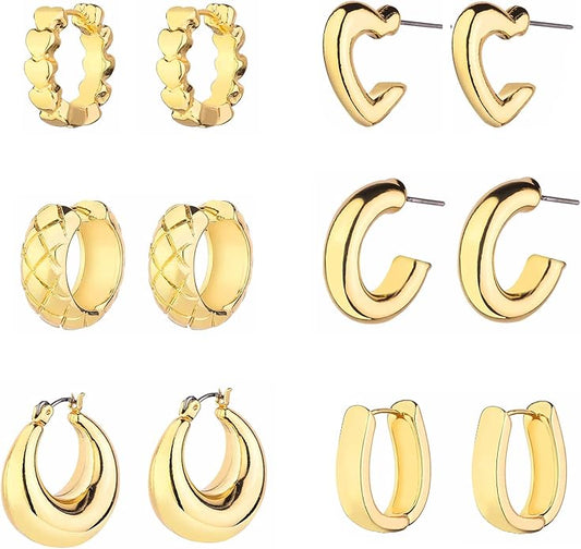 Wgoud Chunky Hoop Earrings Set 14K Gold Plated Hoop Earrings for Women Hypoallergenic, Thick Twisted Huggie Hoops Earring Set