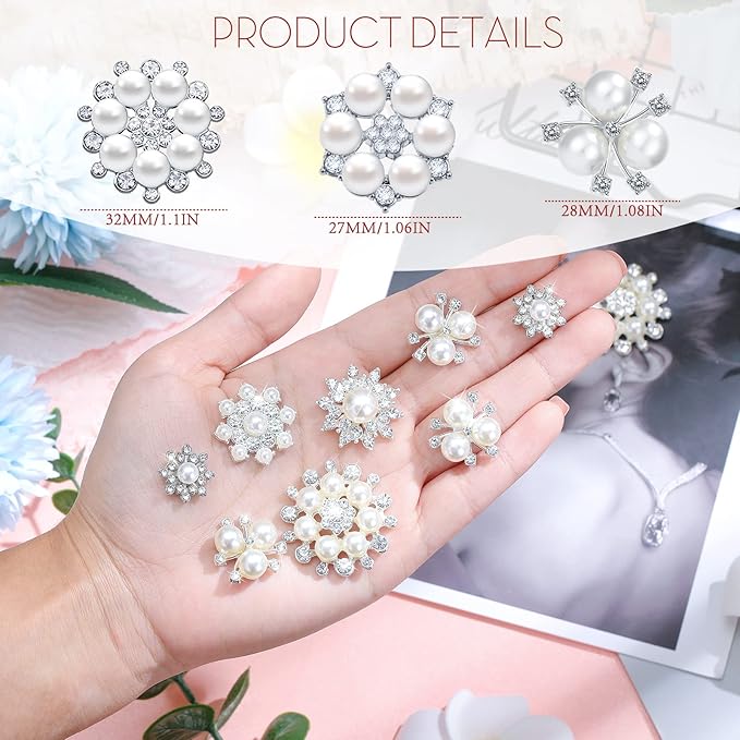 Hicarer 44 Pieces Pearl Rhinestone Buttons Rhinestone Faux Pearl Embellishments Brooch Alloy Floral Pendants for Jewelry Making Party Wedding Bridal Bouquet DIY Home Decoration(Silver)