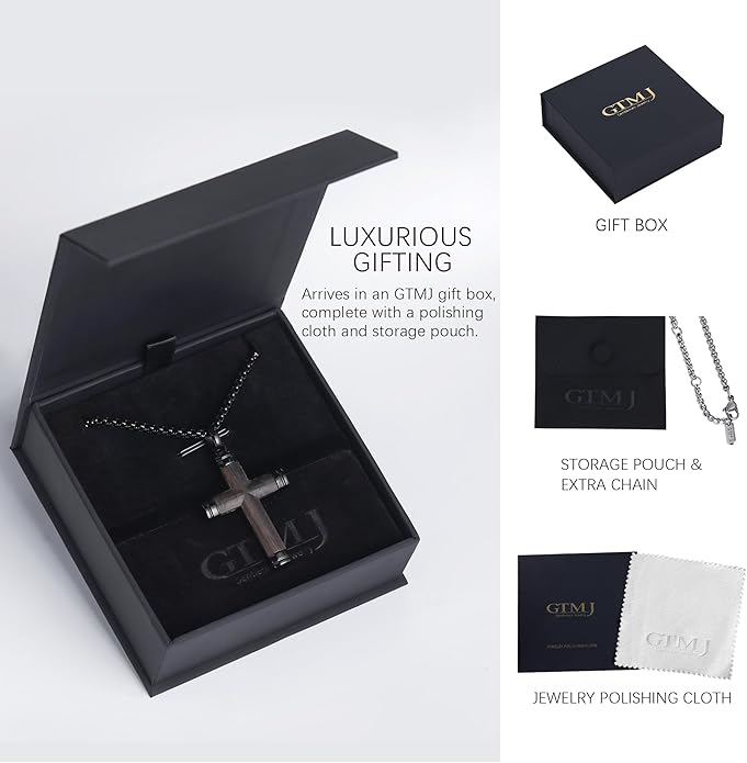 GTMJ Cross Necklace for Men -Stainless Steel & Wood Adjustable Box Chain 24-26in, Spiritual Jewelry Gift for Him, Everyday Wear