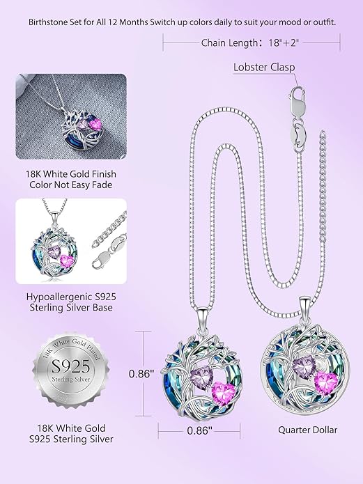 TOUPOP s925 Sterling Silver Family Celtic Tree of Life Pendant Necklaces with 2 Heart Birthstone with Blue Austrian Crystal Jewelry Birthday Anniversary Christmas Gifts for Her Wife Girlfriend Mom (18K Real White Gold Filled)