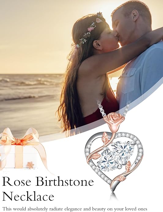 Christmas Gifts for Women Rose Heart Birthstone Pendant Necklace I Love You Forever Jewelry Valentine Mothers Day Birthday Gifts for Women Her Wife Girlfriend