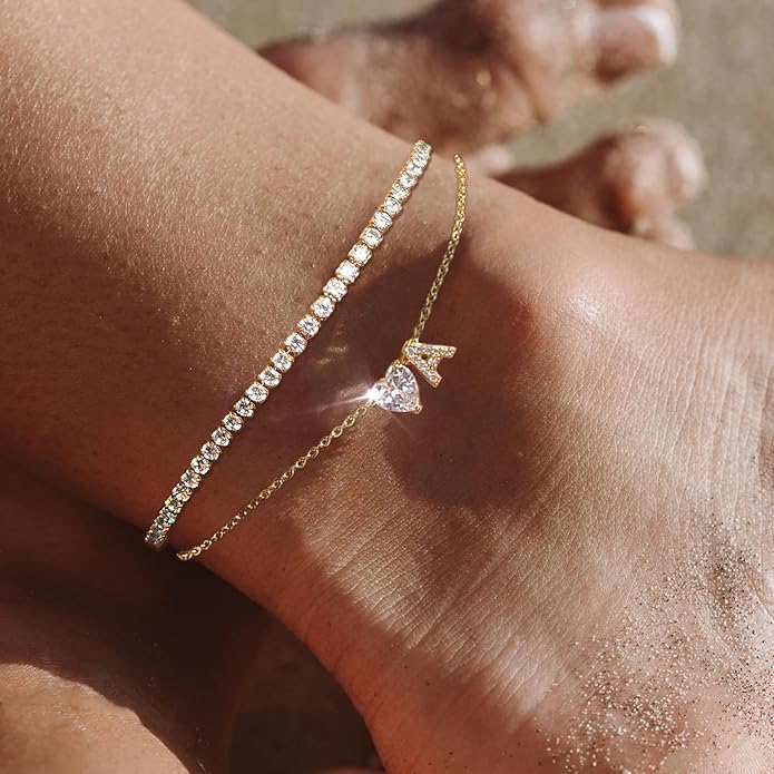 Gold Initial Ankle Bracelets for Women 14K Gold Plated CZ heart Tennis Anklets for Women Waterproof Layered Adjustable Letter Anklets Large Ankle Summer Beach Foot Jewelry