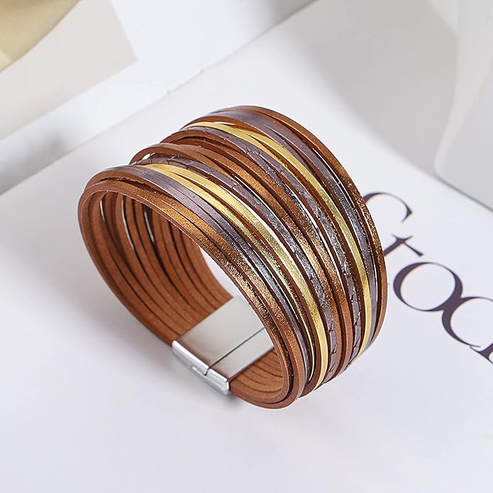 hotoo Handmade Layered Leather Bracelets Wrap for Women Stackable Chunky Colored Men Cuff Bracelet Wristband Bangle Gifts