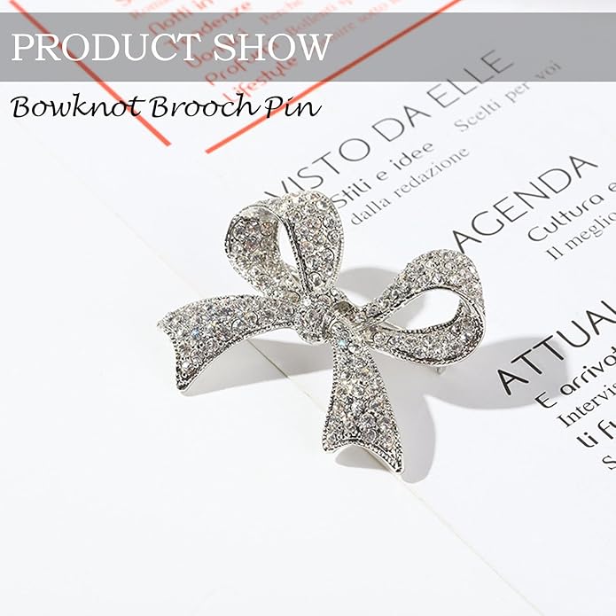 Kprusoian Elegant Crystal Bow Brooch Pin for Women,Vinage Sparkly Rhinestones Brooches Pins Beautiful Lapel Pins Dress Suit Shirt Ceremony Clothes Accessories Jewelry