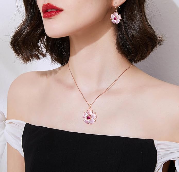 VONSSY Elegant Cherry Blossom Necklace Earrings Pink Cats Eye Flower Flora Sakura Gemstone Crystal Pendant 18k Gold Plated Chain Jewelry Set Gift for Woman Wife Girlfriend