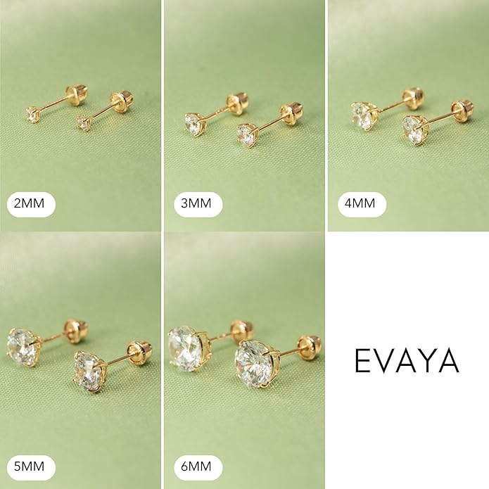 14k Gold Cubic Zirconia Stud Earrings for Women & Men (2mm-6mm Diameter) - CZ Simulated Diamond, Real Solid 14K Gold, Secure Screw Back
