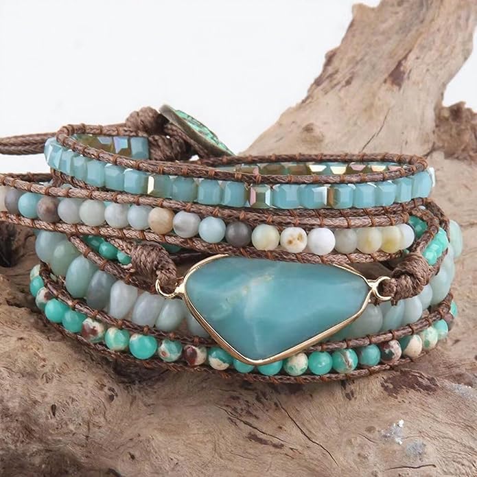 ZOSOJONA Boho Handmade Natural Stone Wrap Bracelets Turquoises Crystal Beads Bracelet Jewelry