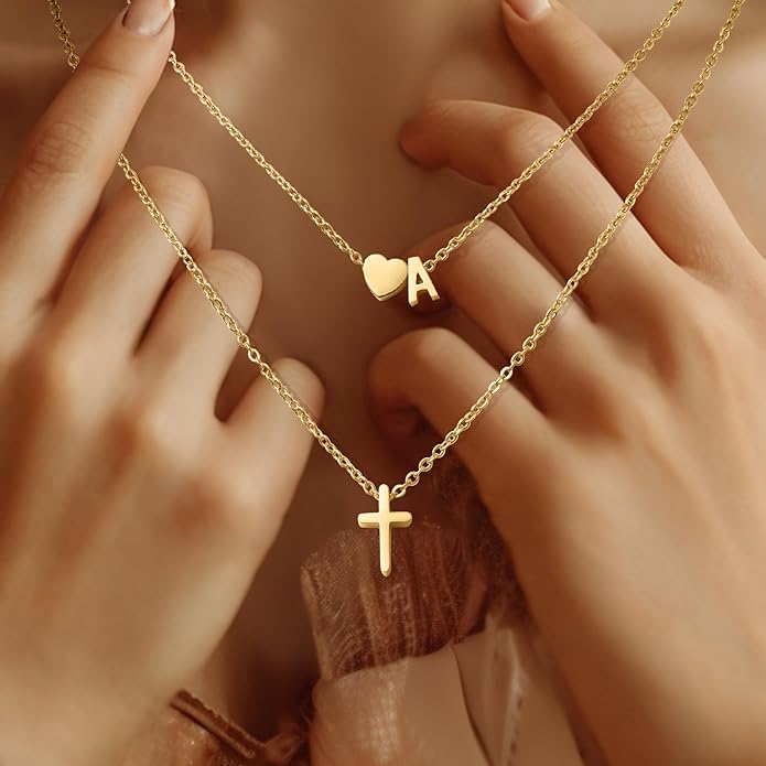 Cross Necklace, Layered Initial Necklaces for Women,Dainty 18K Real Gold Plated Heart Initial Necklace, Personalized Gifts for Women Teen Jewelry