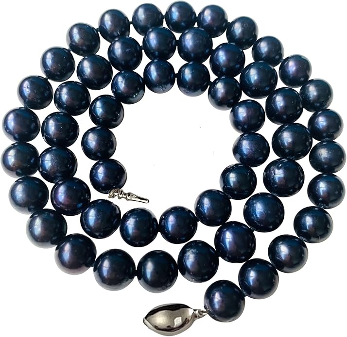 II ROUND PEARL II Real Black Pearl Necklace for Women Pearl Jewelry for Men Sterling Silver Genuine Cultured Freshwater Wedding Anniversary Birthday Gift Strand